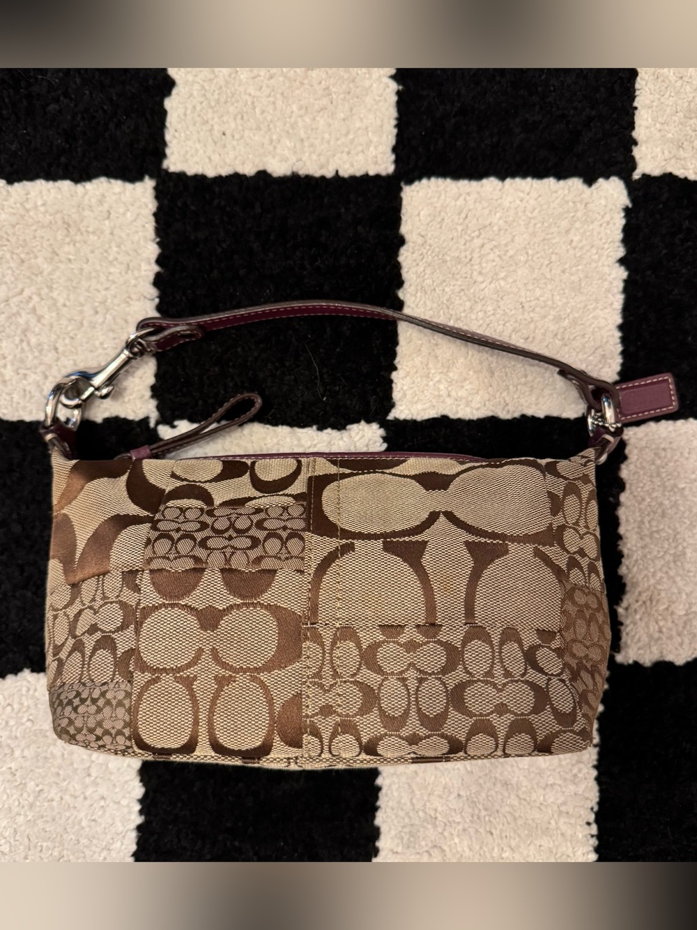 Vintage Y2K Coach Beige Signature Patchwork Mini Shoulder Bag Purple Leather